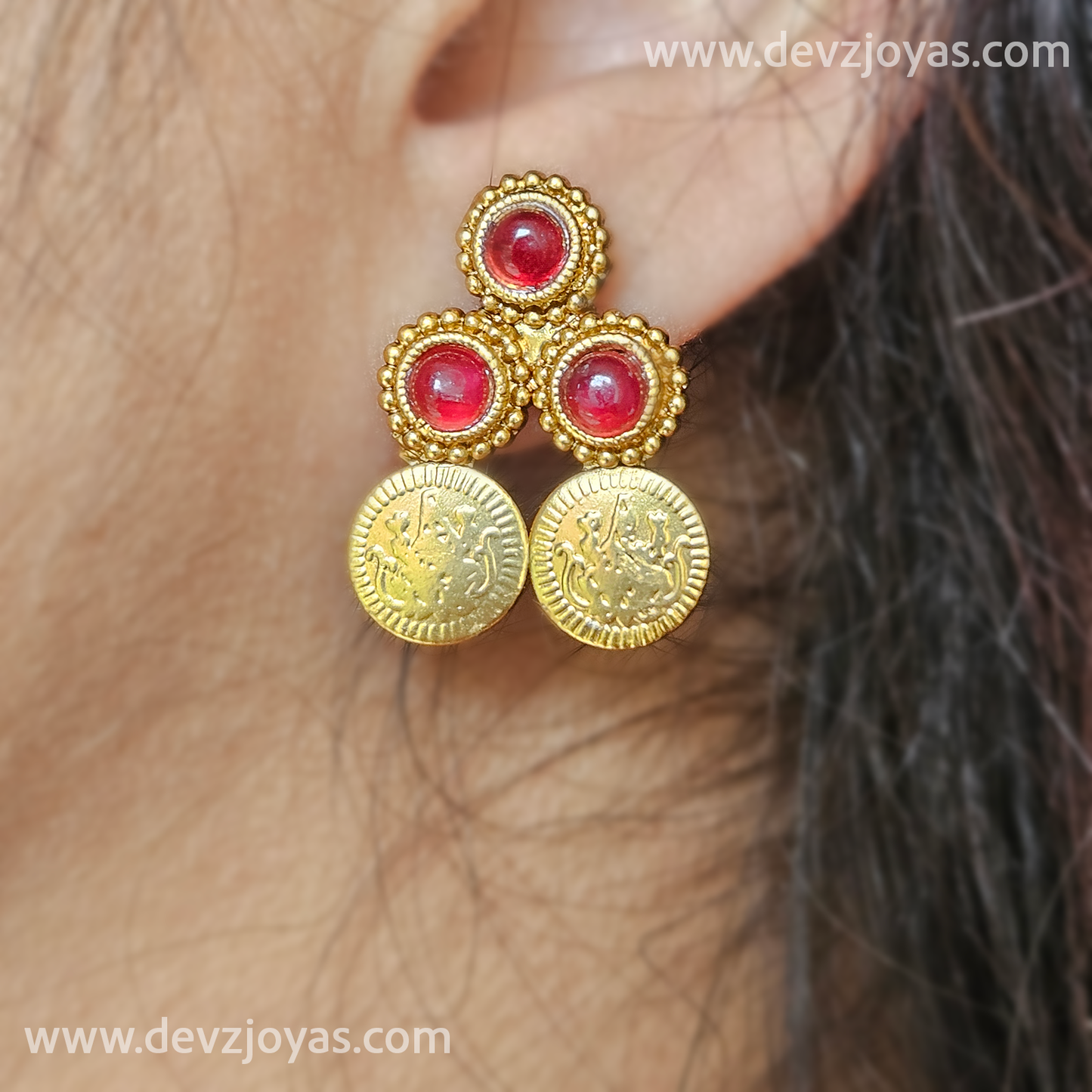 Double layer coin necklace ruby stone