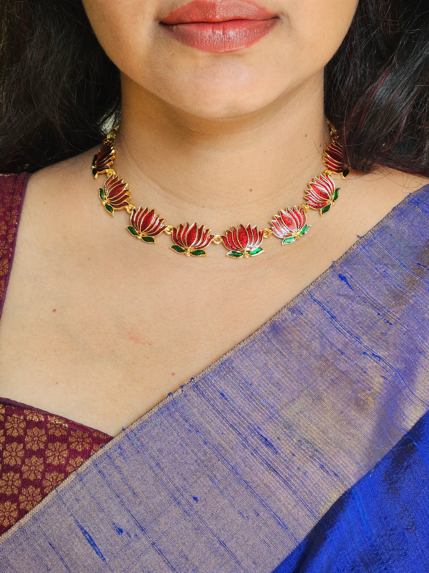 Necklace - Lotus Maroon and Green