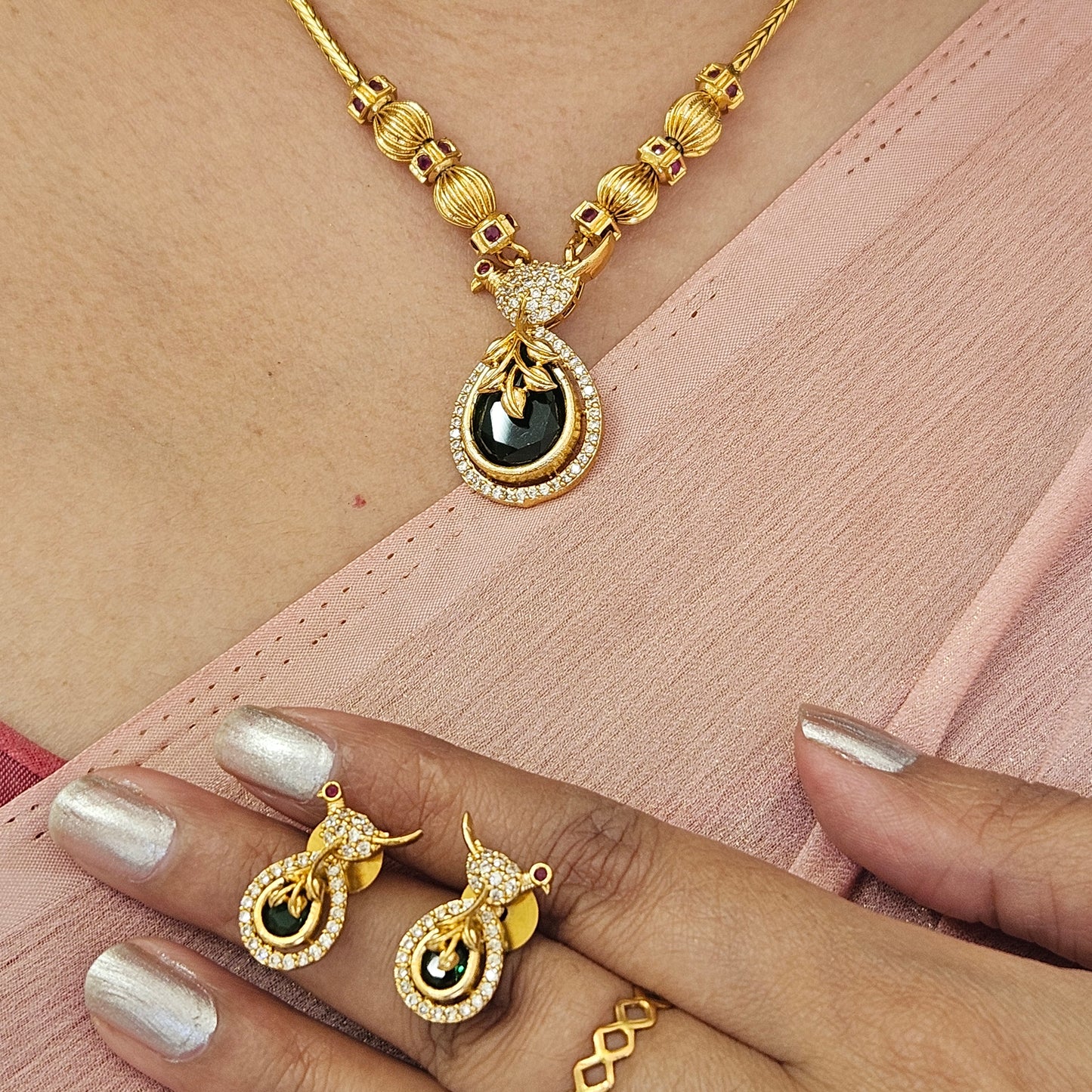 Necklace set Gold finish green AD stone pendant