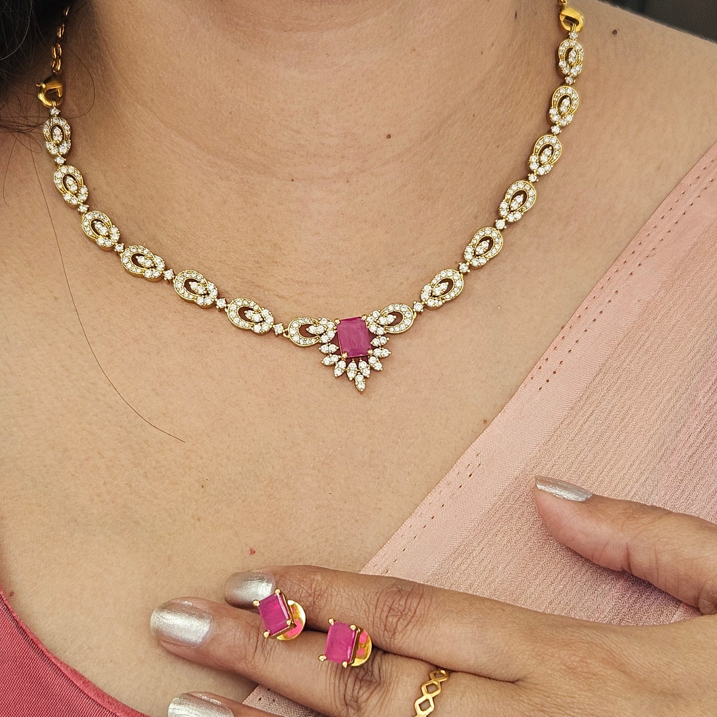 Necklace set AD stone Pink