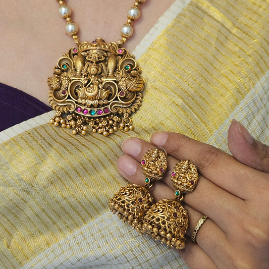 1 Short haram Pearl with Elephant and Lakshmi pendant- Onam