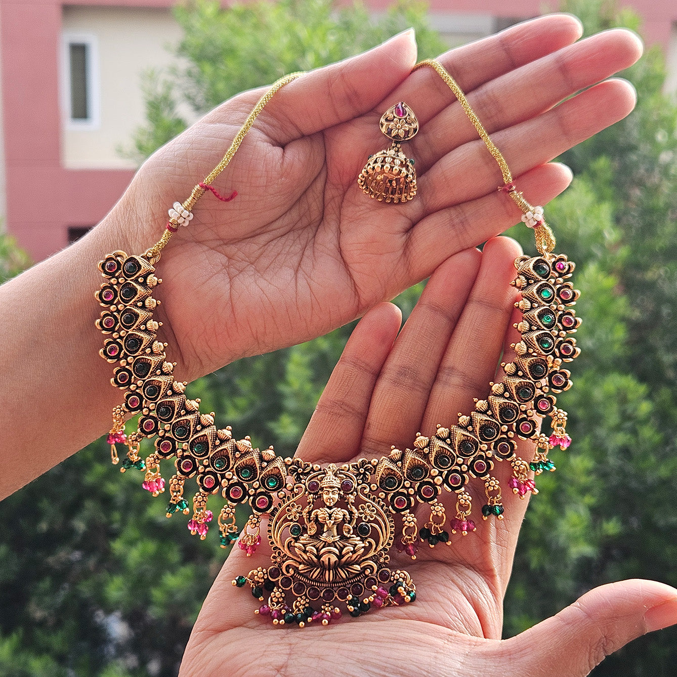 Necklace Traditional Lakshmi antique with green and pink drops and jhumkas