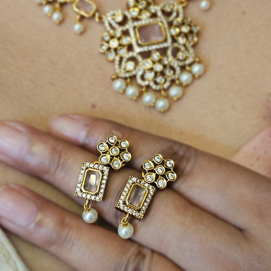 AD stone necklace - Baby pink - pearl drops - with earrings - Premium quality