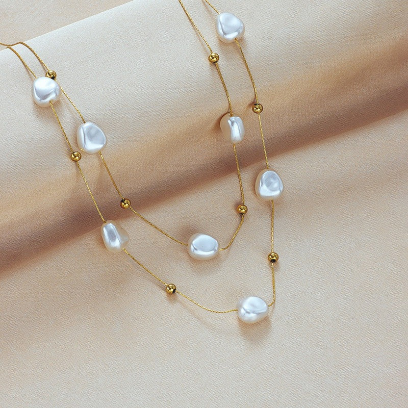 Stainless steel Anti tarnish necklace pearl double layer