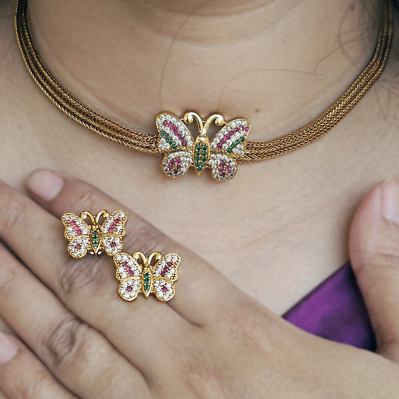 Butterfly choker necklace with earrings