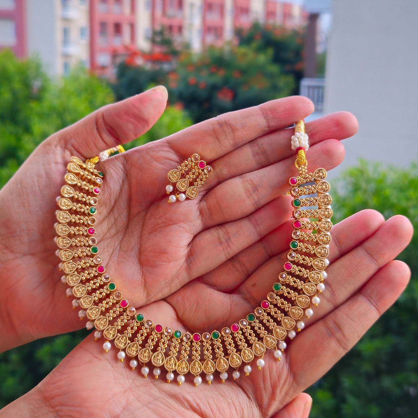 Necklace - gold plated - Lakshmi coin and pearl drops with earrings premium quality