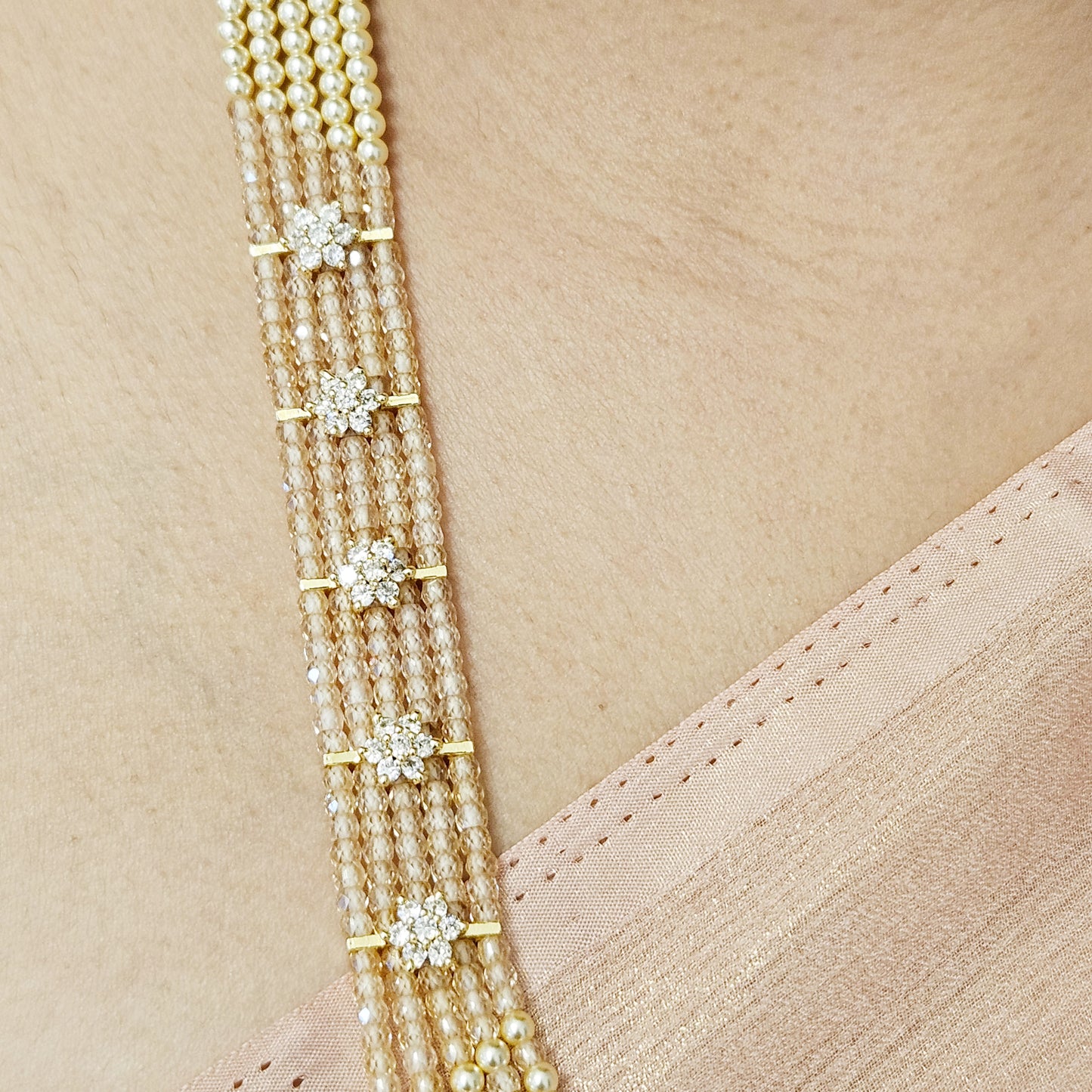 Layered Pearl chain with Kubic Zirconia beads - Beige and White