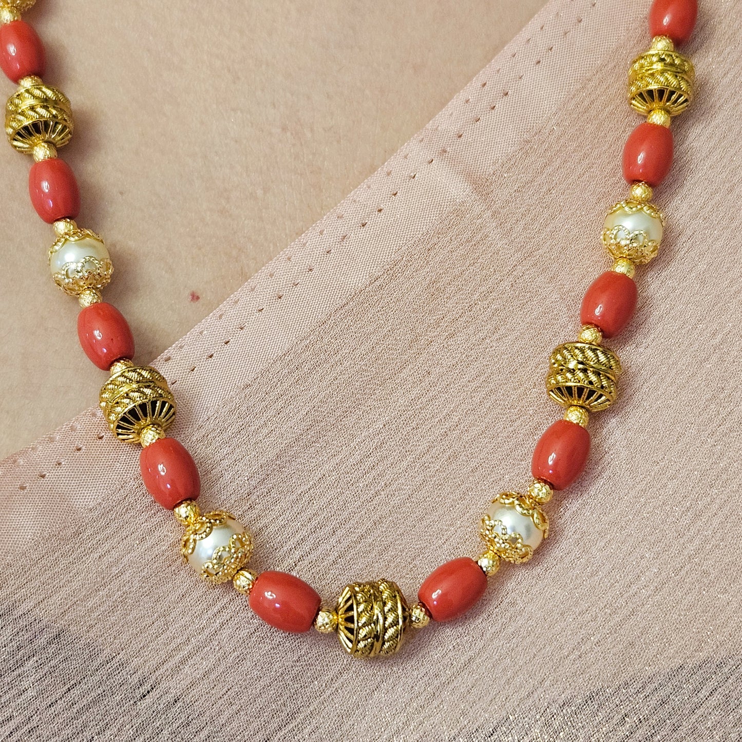 Pearl chin Coral and Golden beads