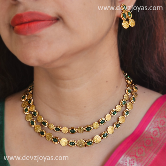 Double layer coin necklace green stone