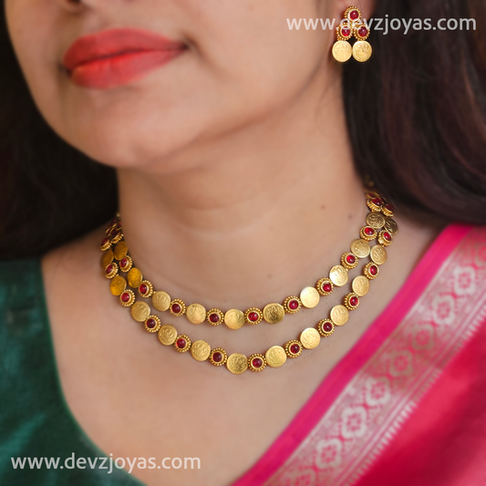 Double layer coin necklace ruby stone