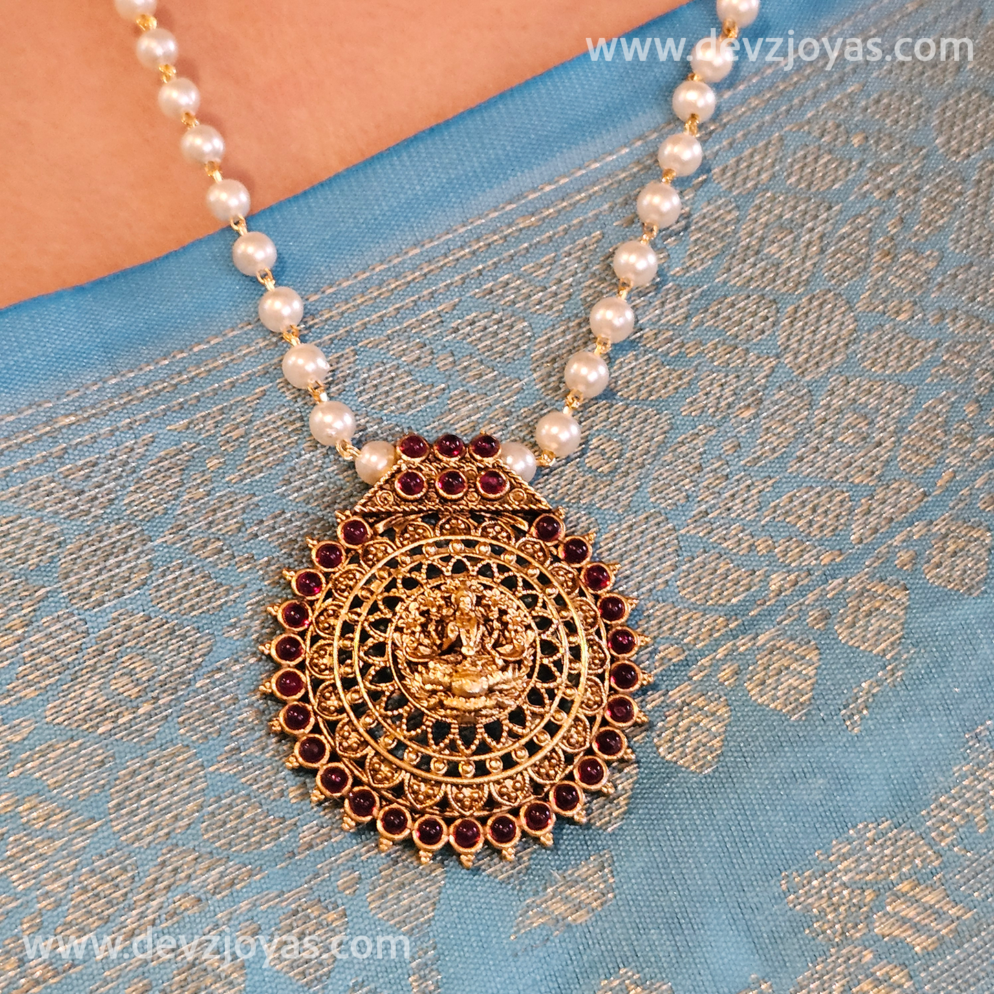 Short haram pearl- Lakshmi pendant - Ruby