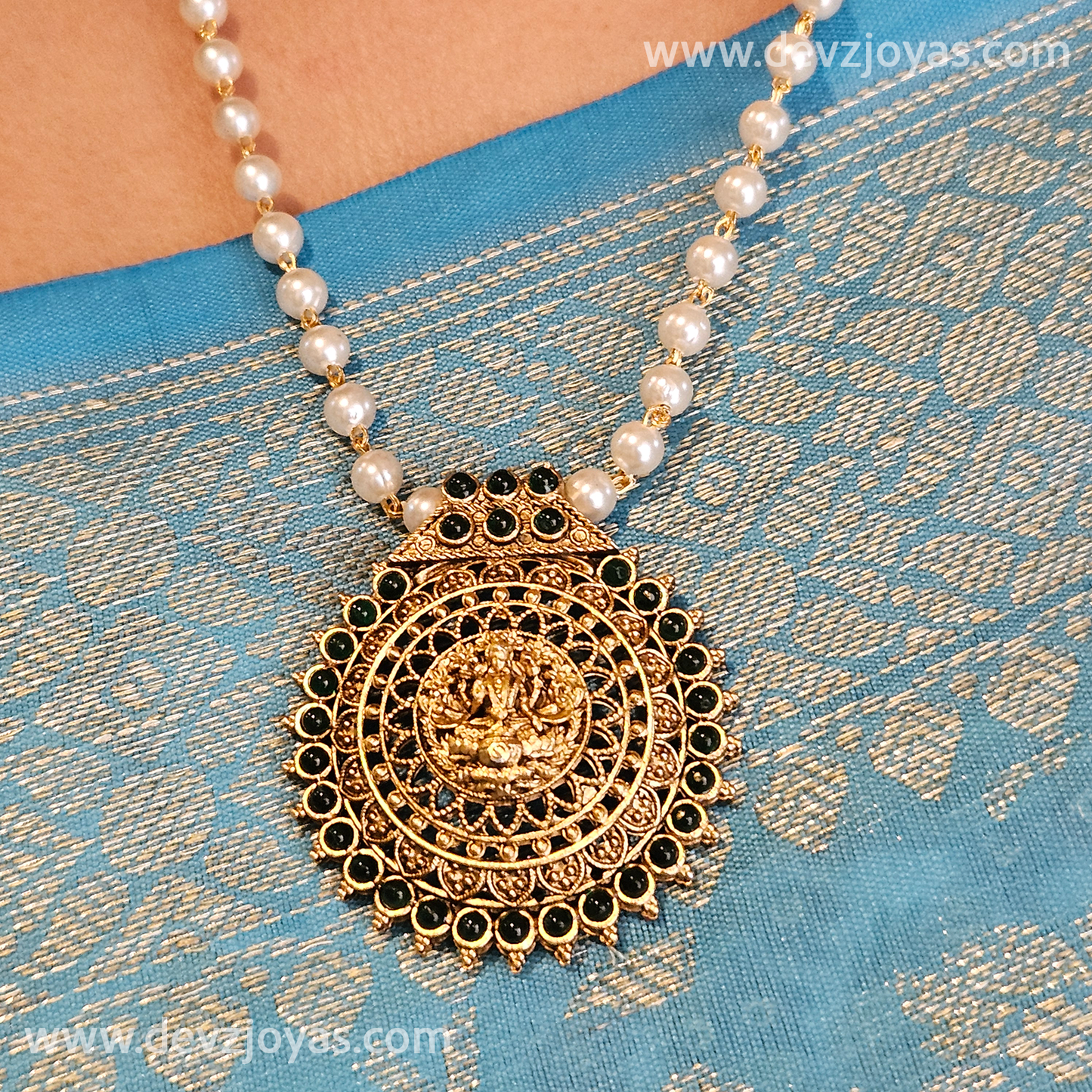 Short haram pearl with Lakshmi pendant - Green