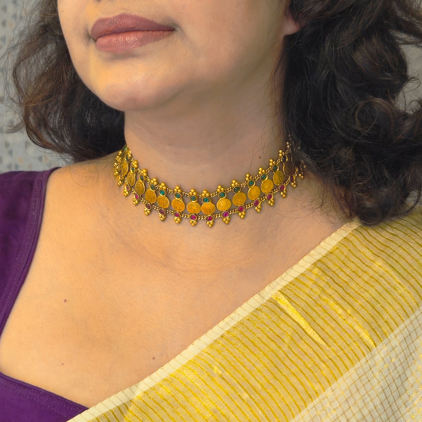 1 Choker Coin Green and Ruby stone- Onam