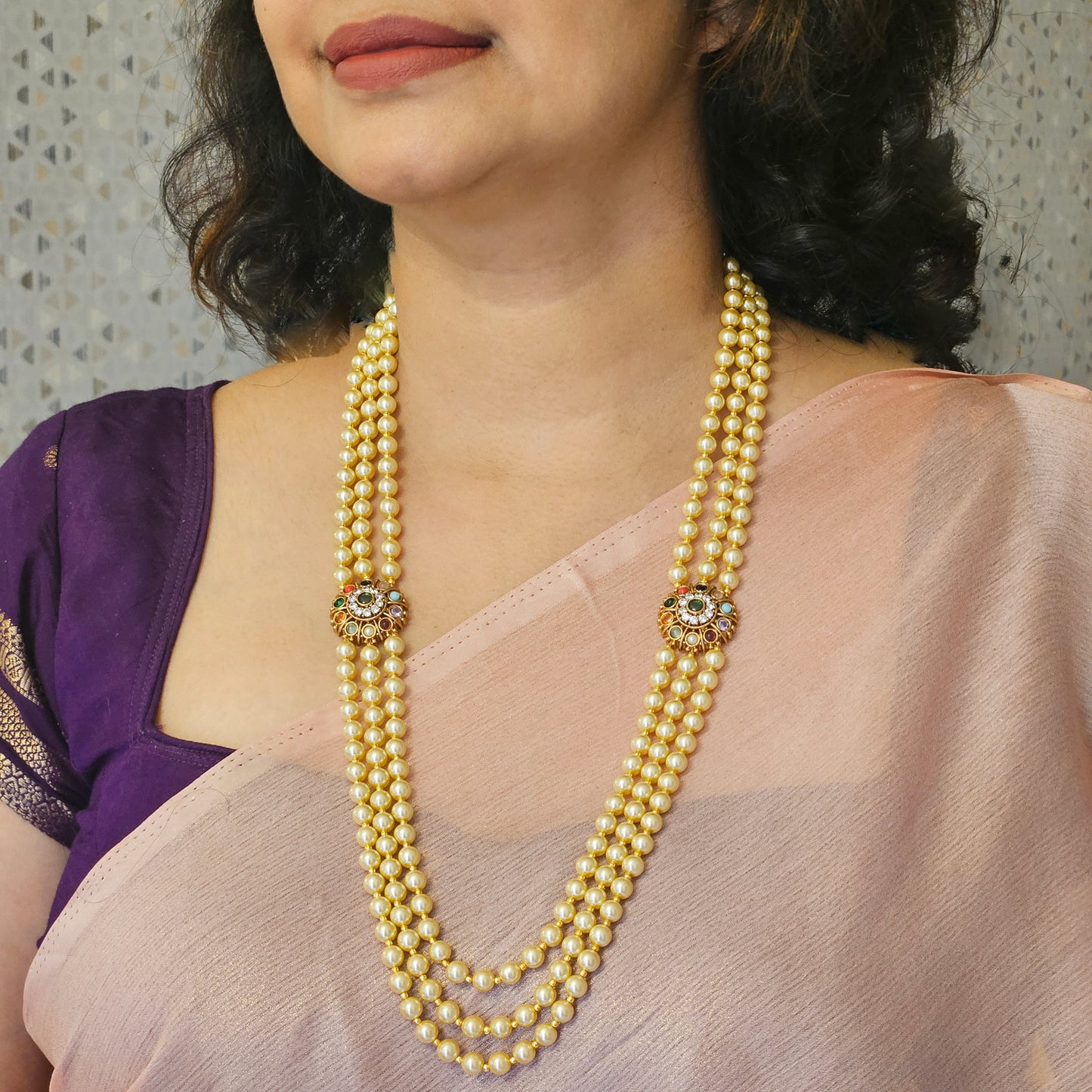 Pearl layered long haram - Swaroski - Chandra haram