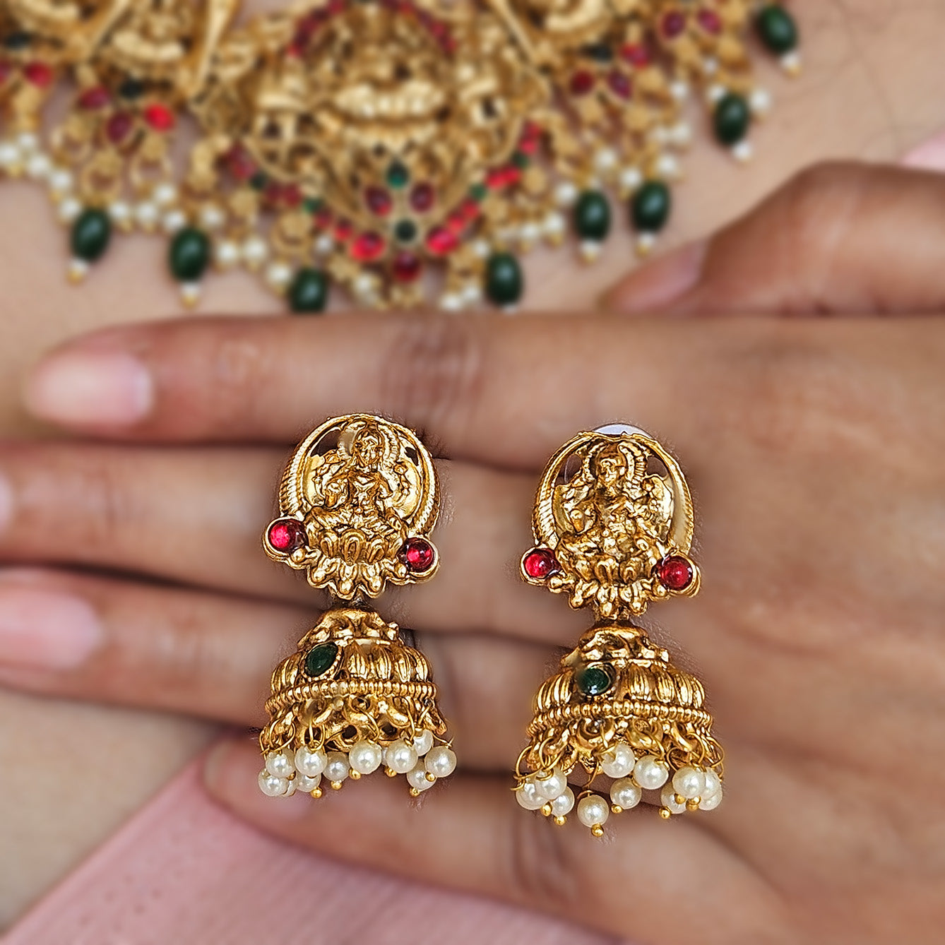 Lakshmi necklace with jhumkas - Green and pearl drops
