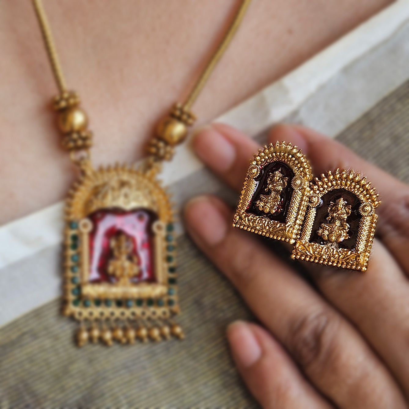 Haram - Lakshmi temple design with earrings - Red