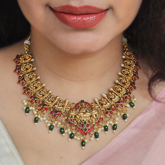 Lakshmi necklace with jhumkas - Green and pearl drops