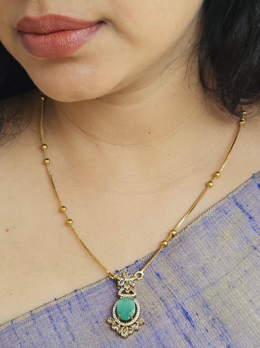 Necklace - long with AD stone sea green pendant