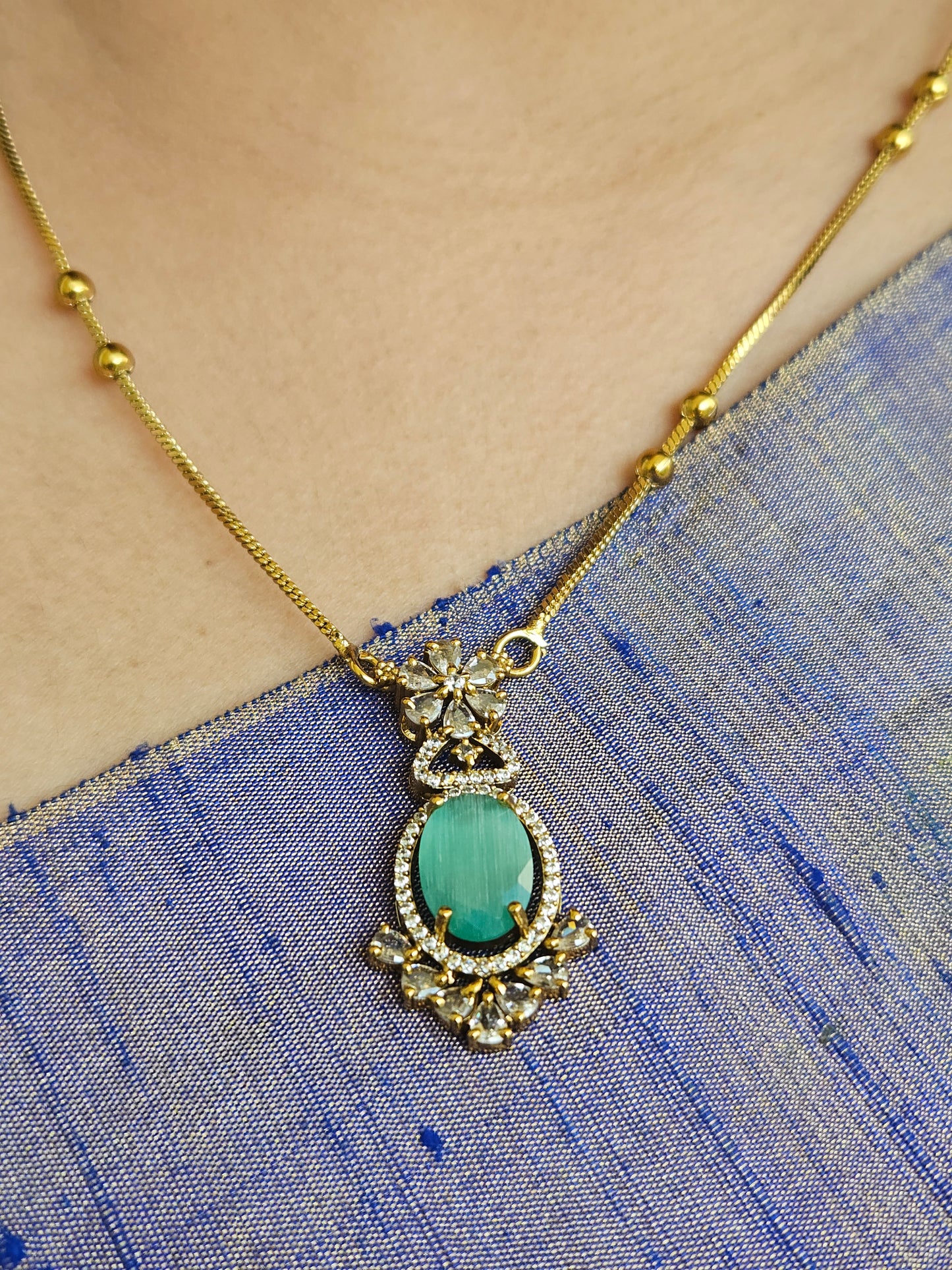 Necklace - long with AD stone sea green pendant