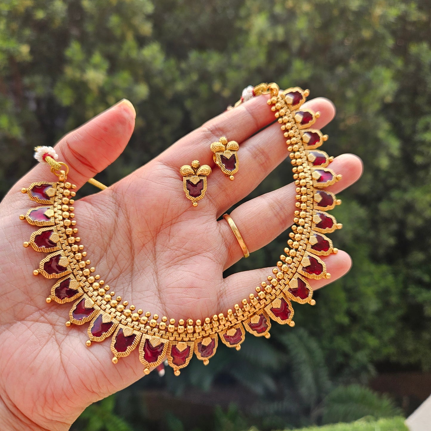 Traditional palakka necklace maroon with earrings