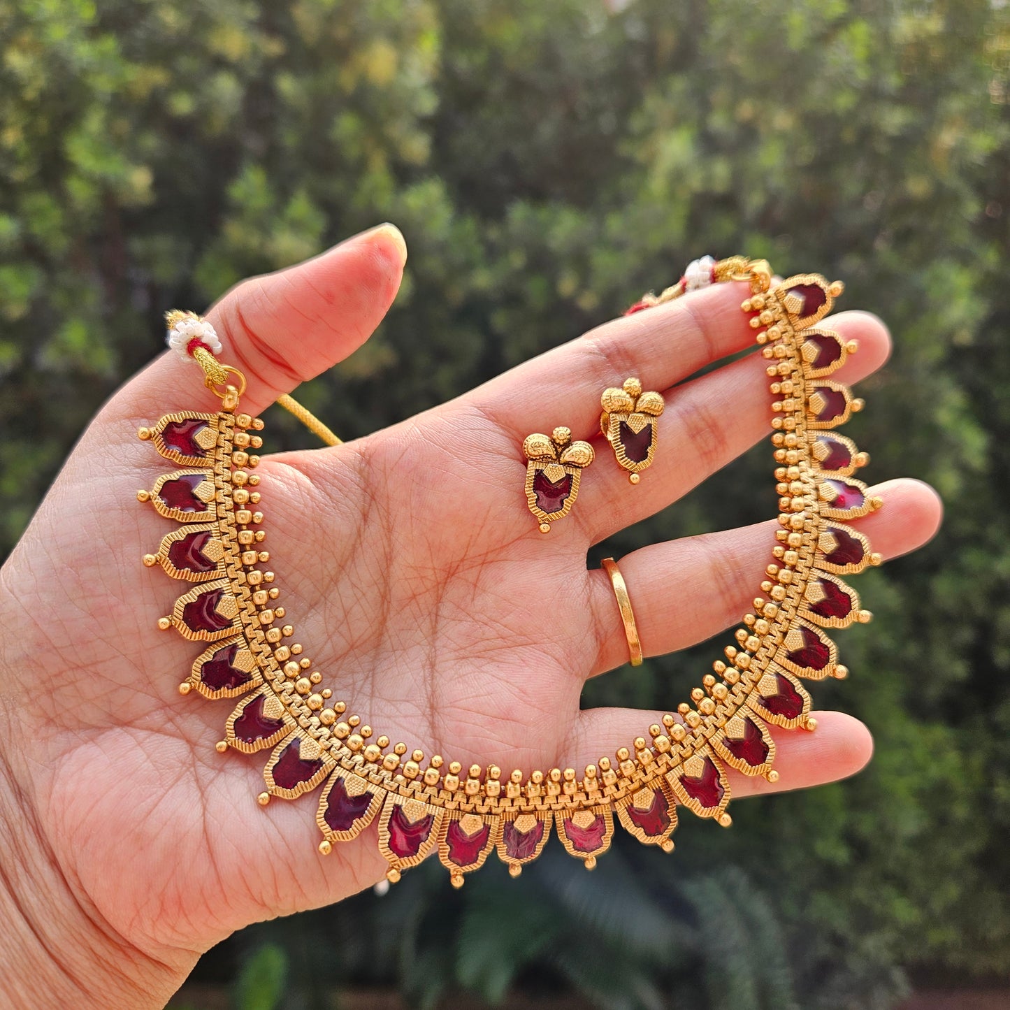 Traditional palakka necklace maroon with earrings