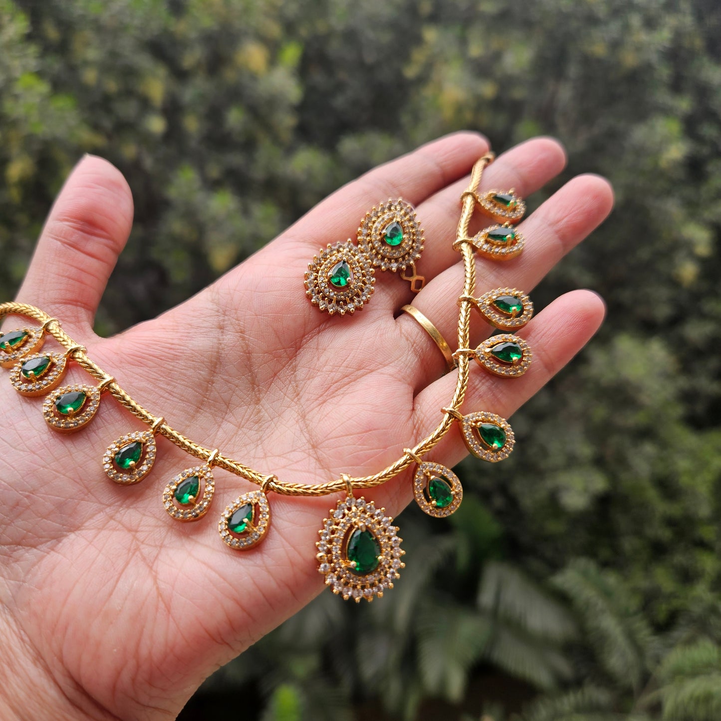 Necklace set AD stone multi pendant - green
