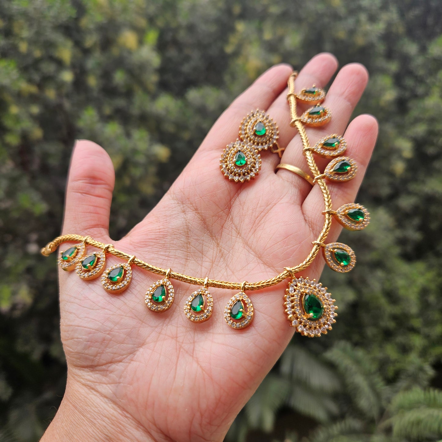 Necklace set AD stone multi pendant - green
