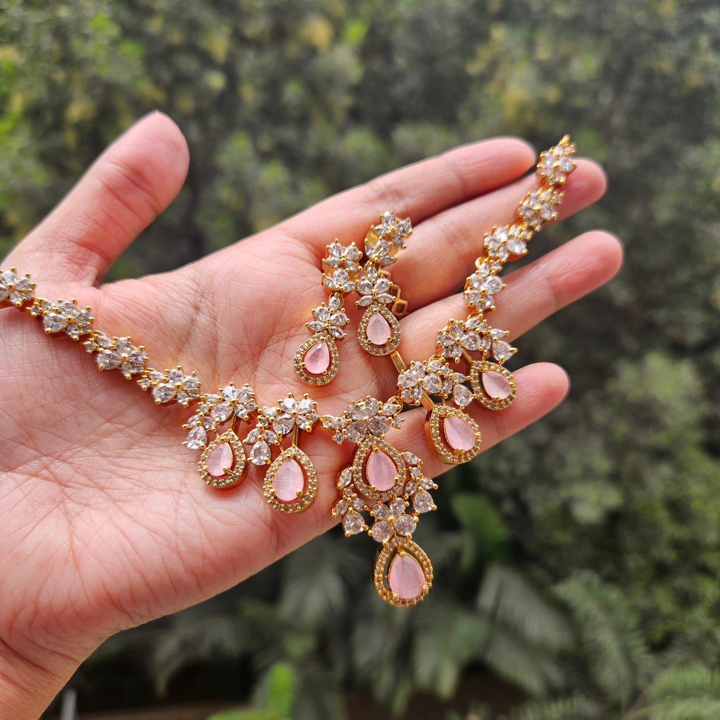 Necklace set AD stone - Baby pink victorian stone
