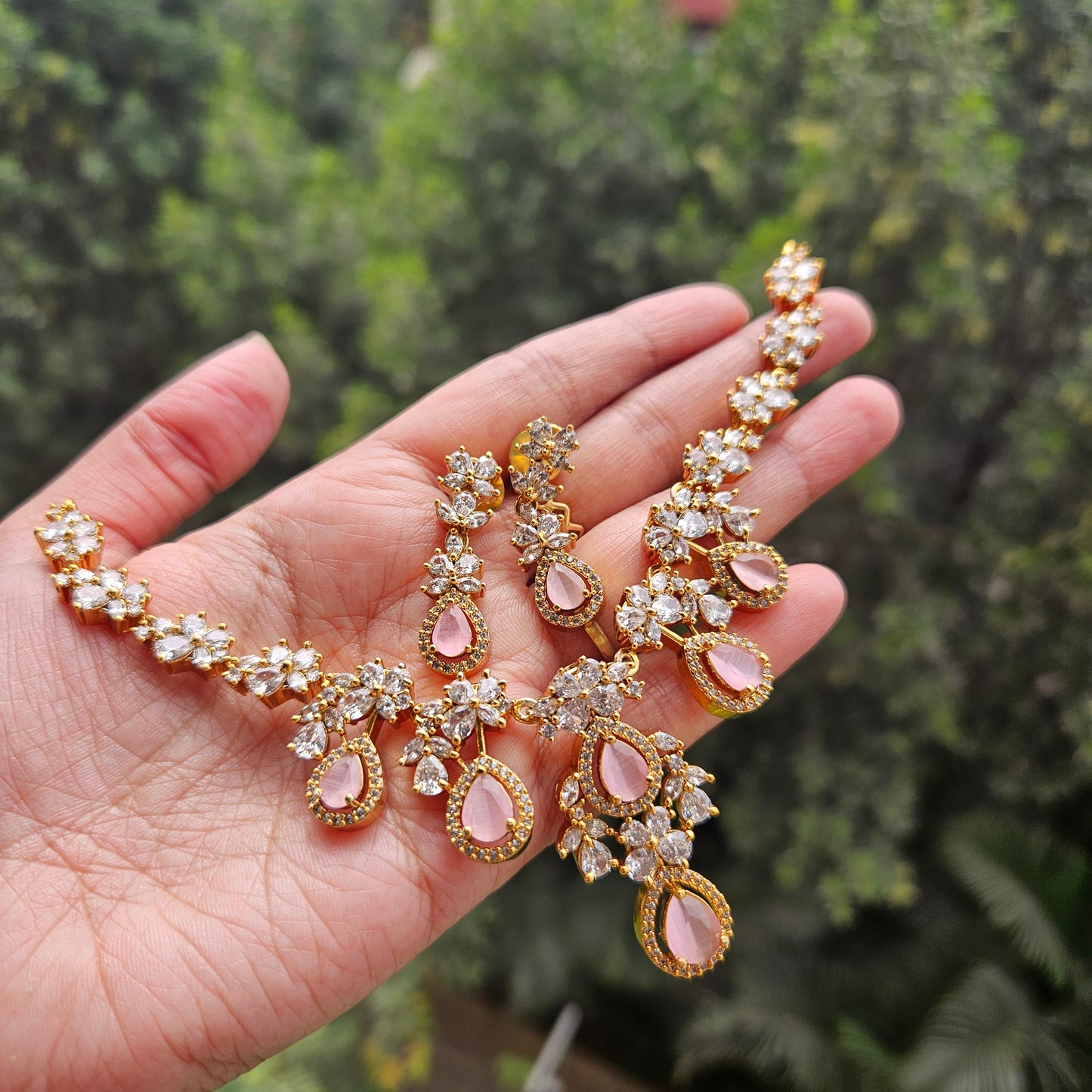 Necklace set AD stone - Baby pink victorian stone