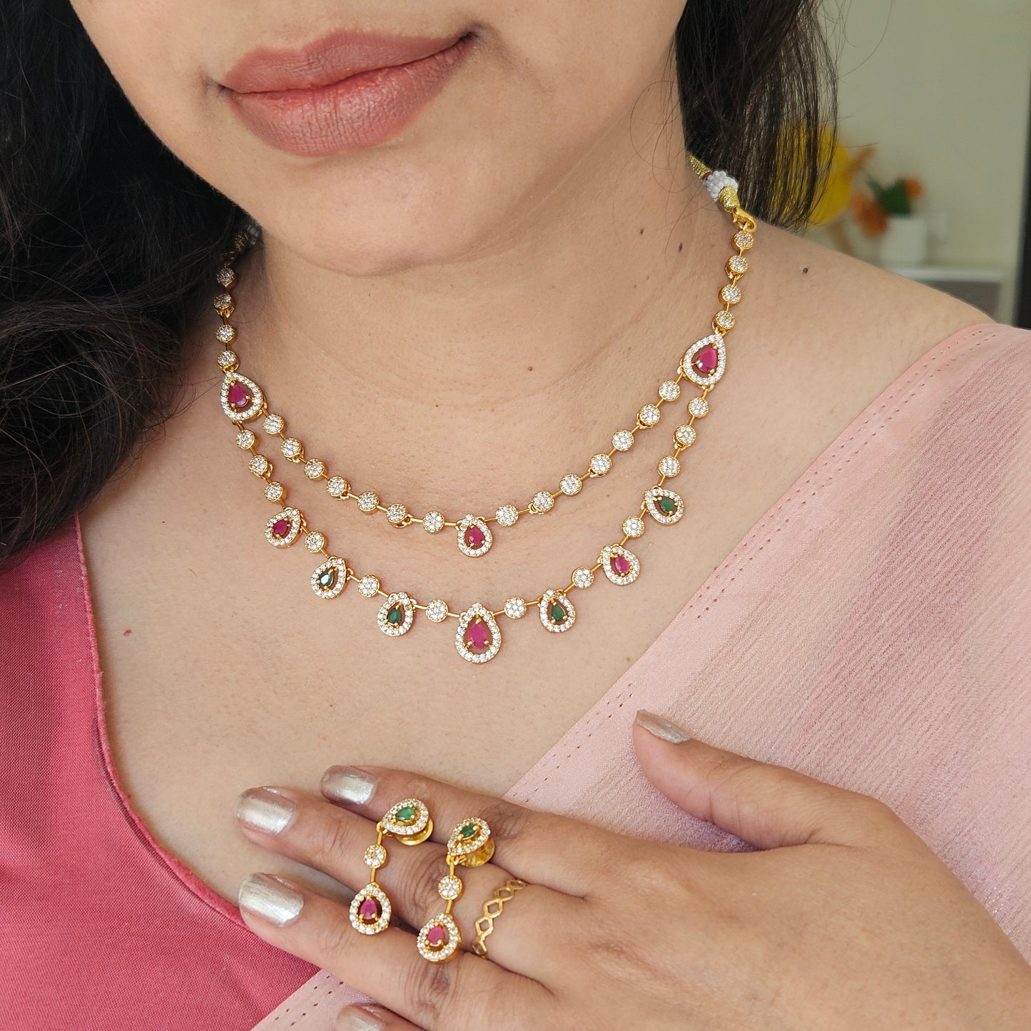 Necklace set AD stone double layer - multi colour stone
