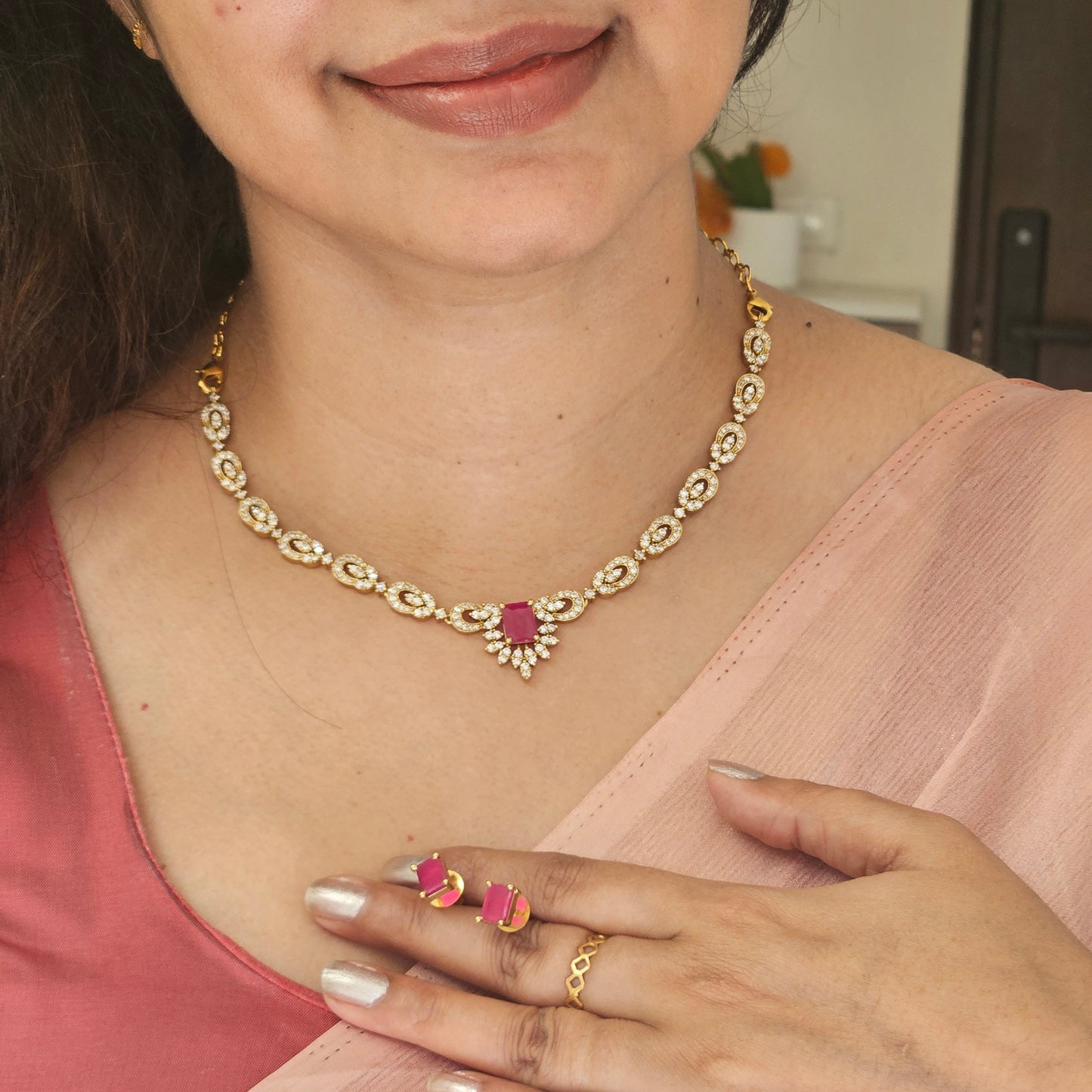 Necklace set AD stone Pink