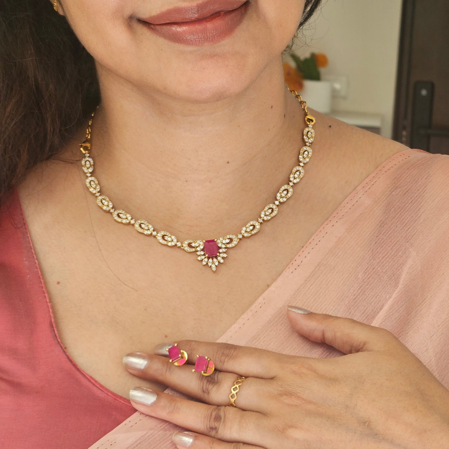 Necklace set AD stone Pink