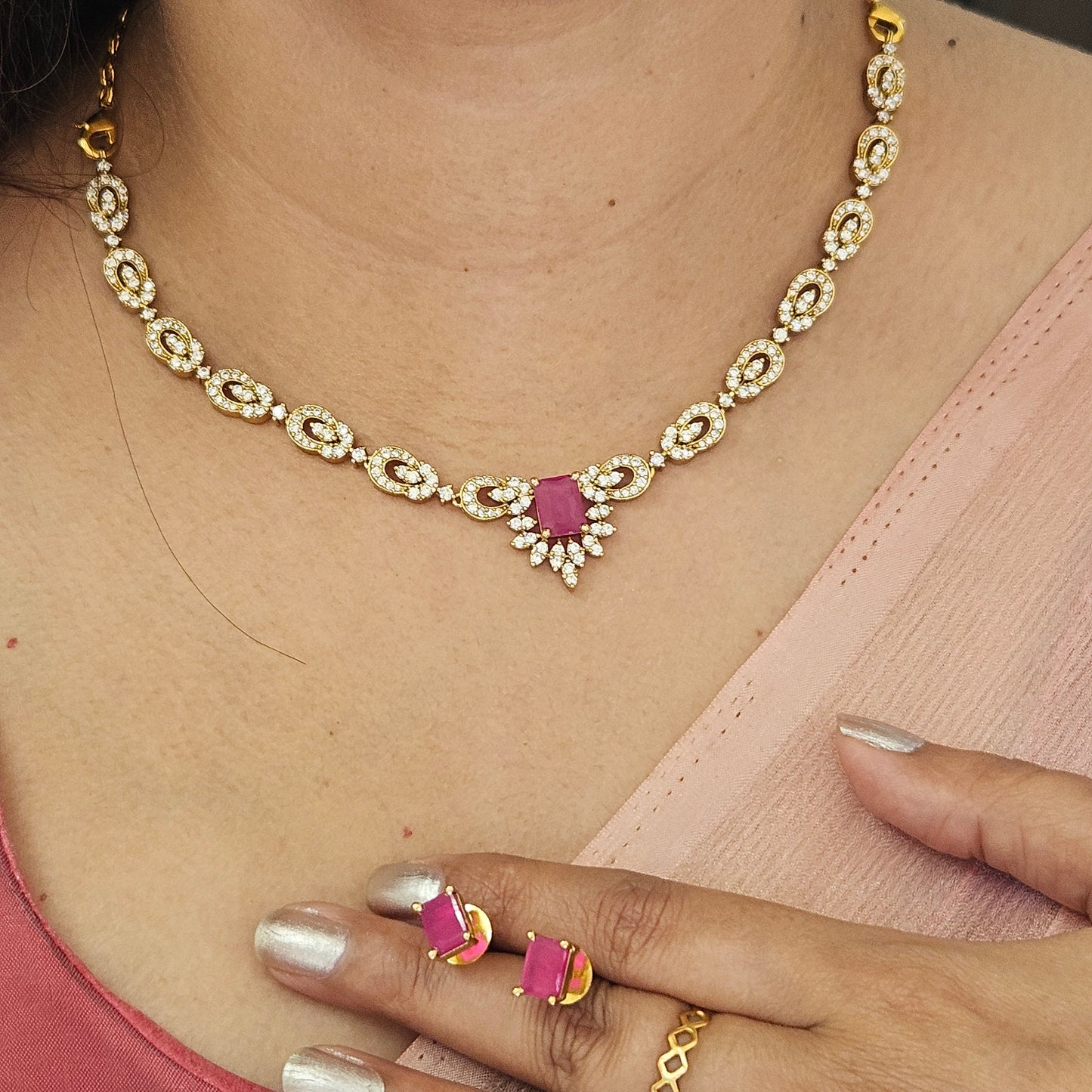 Necklace set AD stone Pink