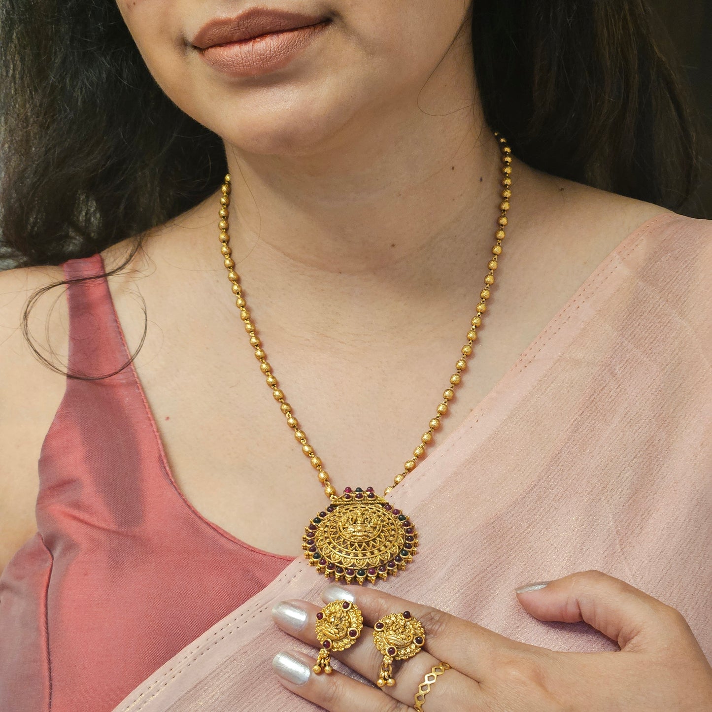Short haram Golden beads -Lakshmi pendant with multicolour stone