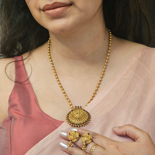 Short haram Golden beads -Lakshmi pendant with multicolour stone