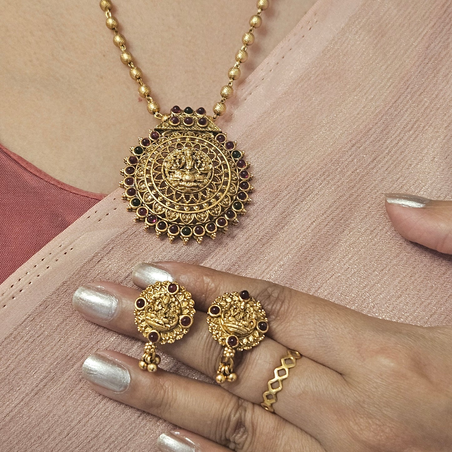 Short haram Golden beads -Lakshmi pendant with multicolour stone
