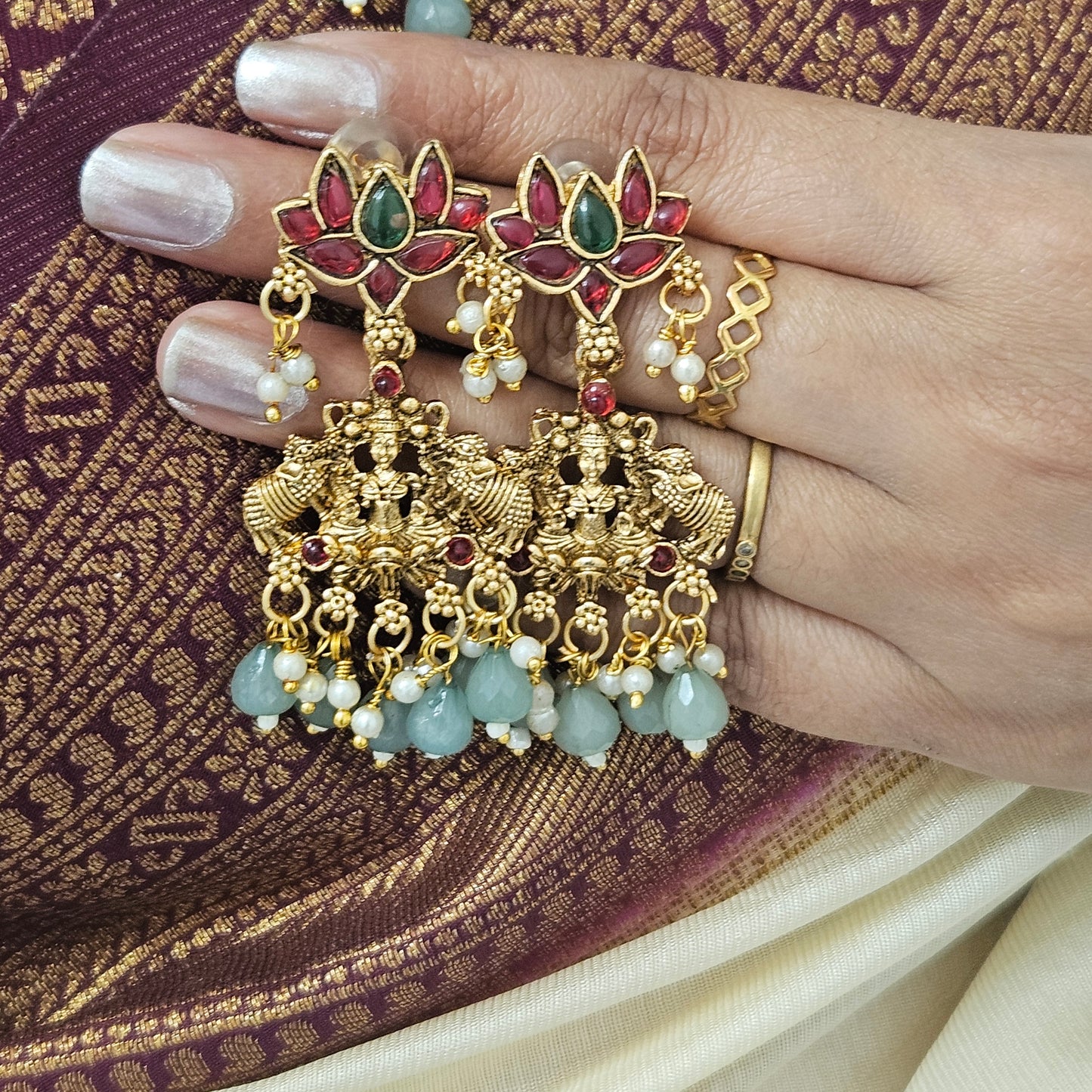 Long haram lotus Lakshmi with sea green drops