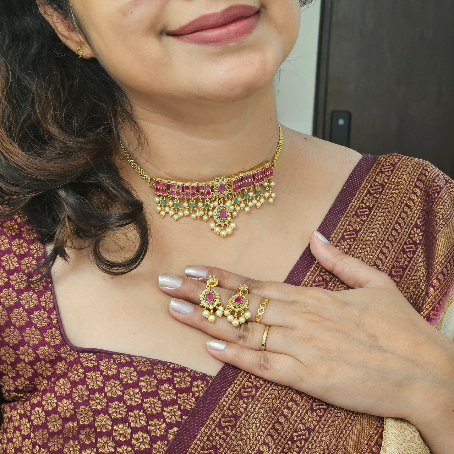 Choker AD stone with ruby stones and pearl drops