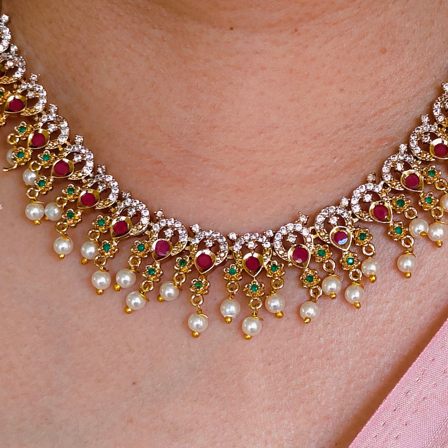 Necklace set - AD studded with pearl drops - Non idol