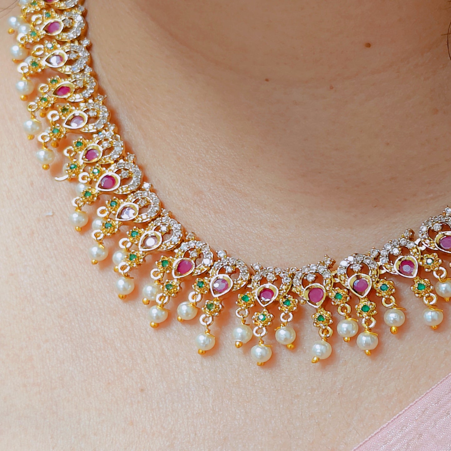 Necklace set - AD studded with pearl drops - Non idol