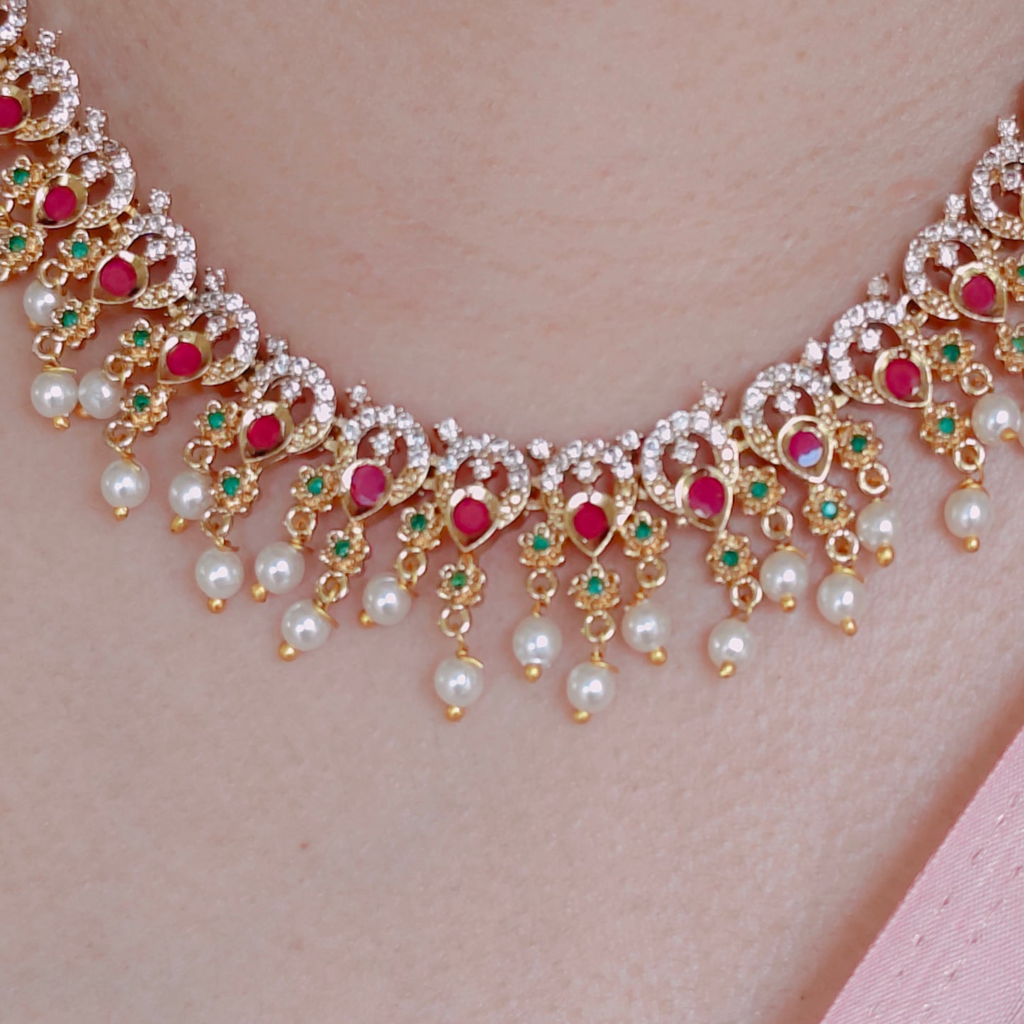 Necklace set - AD studded with pearl drops - Non idol
