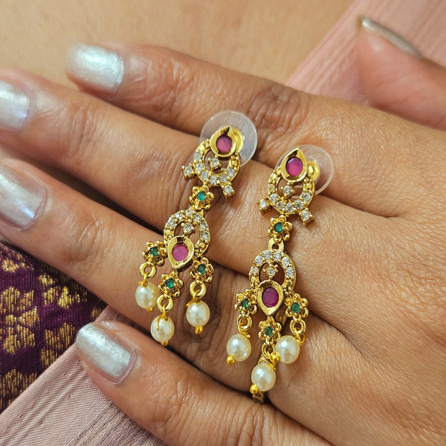 Necklace set - AD studded with pearl drops - Non idol