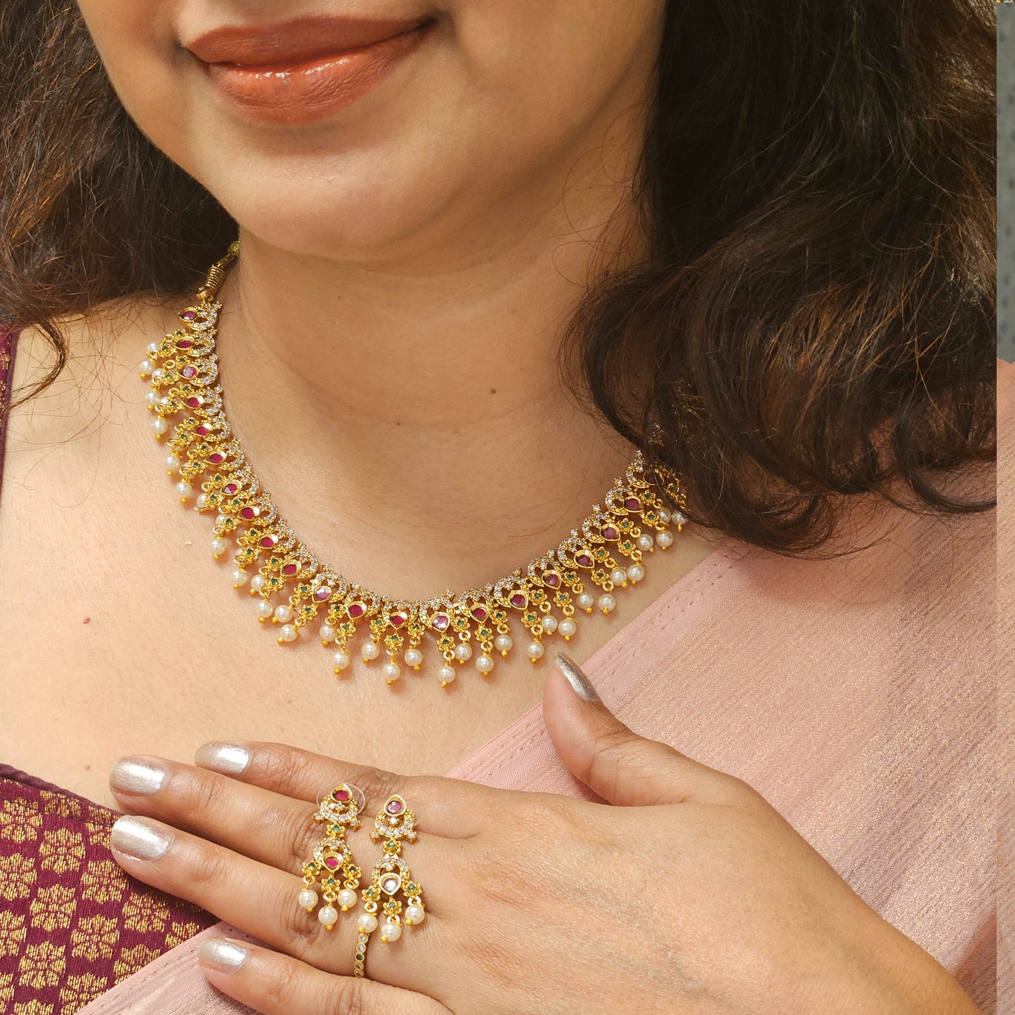 Necklace set - AD studded with pearl drops - Non idol