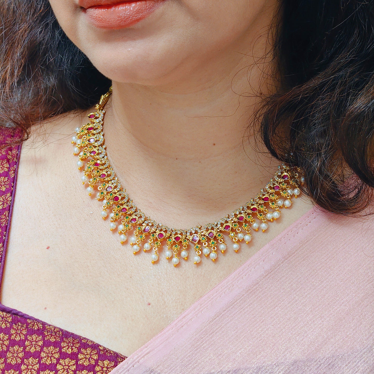 Necklace set - AD studded with pearl drops - Non idol