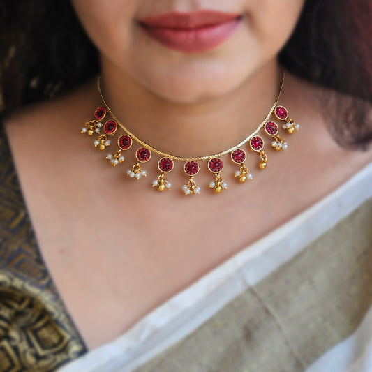 Necklace with red stones pearl drops