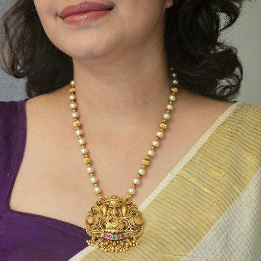 1 Short haram Pearl with Elephant and Lakshmi pendant- Onam