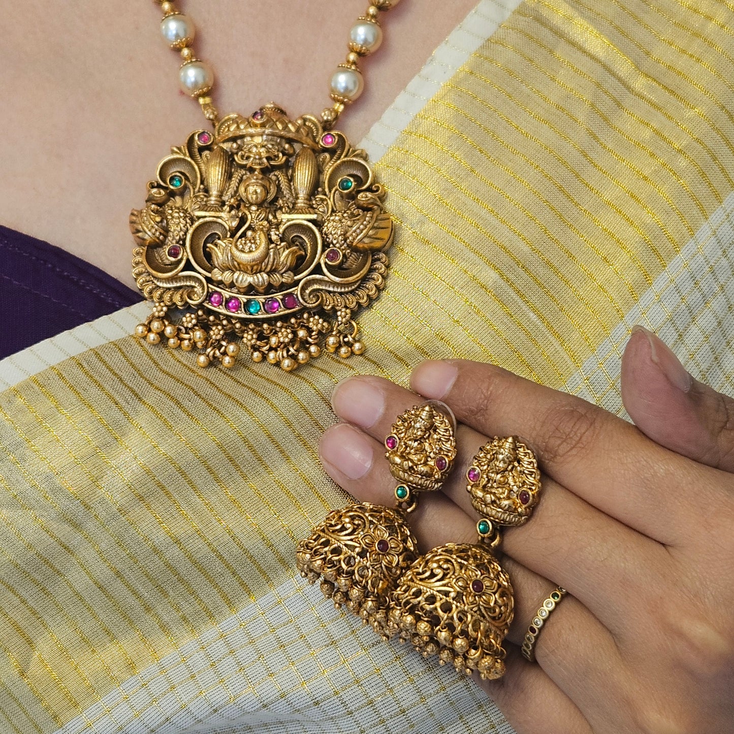 1 Short haram Pearl with Elephant and Lakshmi pendant- Onam