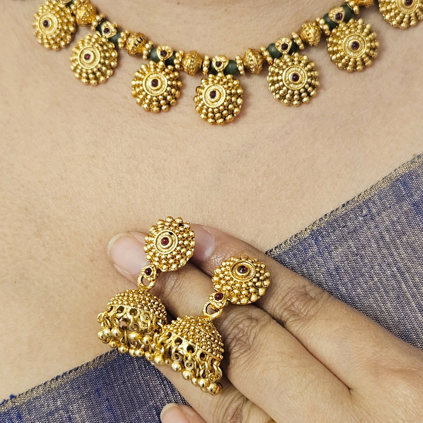 1 Necklace set with jhumkas - Sea green - Onam