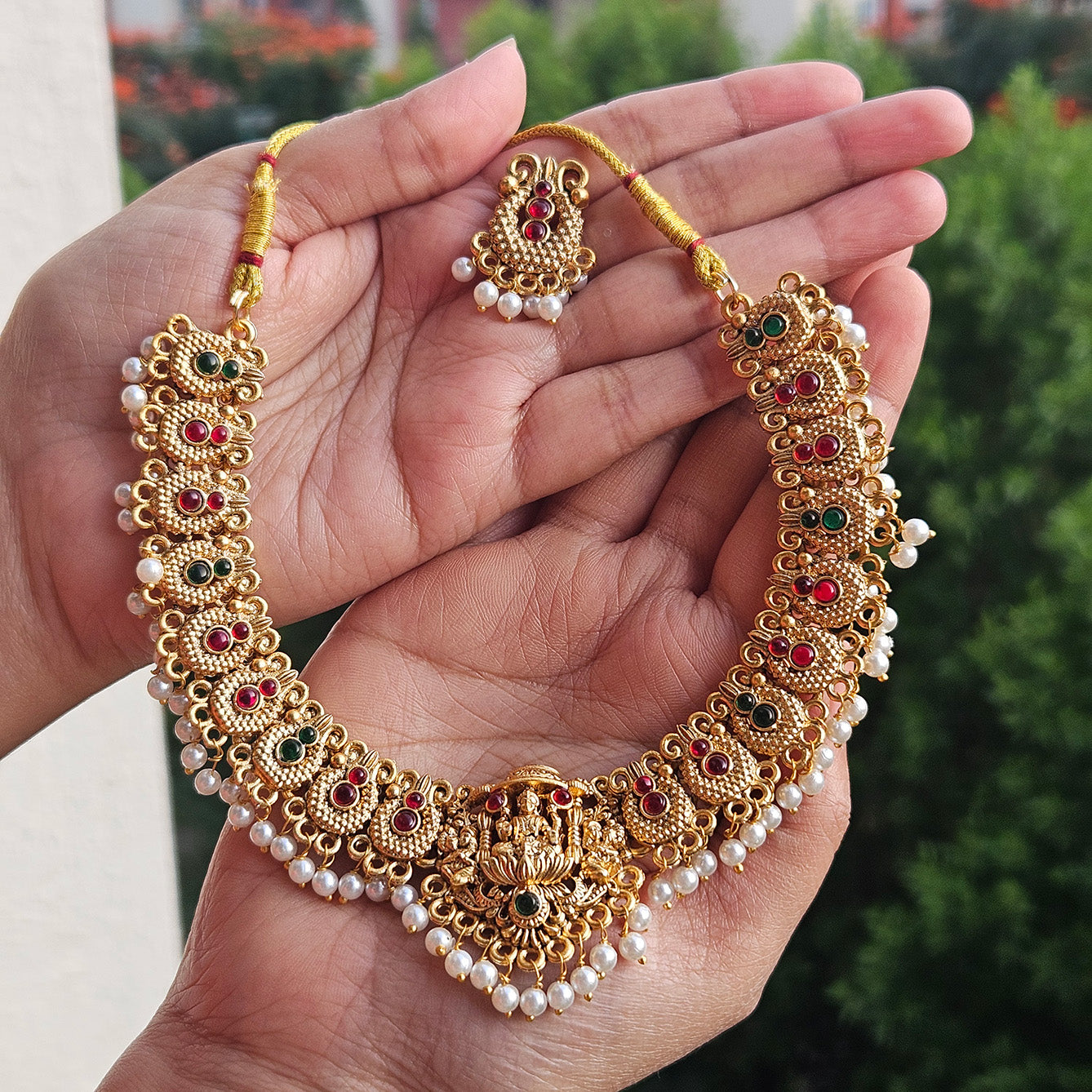 Necklace - Traditional Lakshmi pendant with white pearl drops and earrings