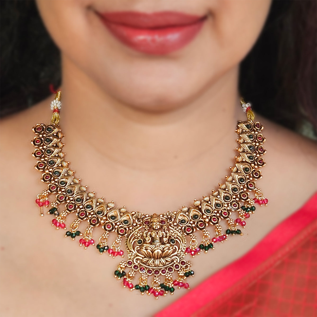 Necklace Traditional Lakshmi antique with green and pink drops and jhumkas